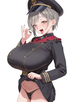 1girl absurdres black_hat black_nails black_panties breasts brown_eyes buttons cameltoe clothes_lift commission double-breasted earrings fellatio_gesture female_pubic_hair grey_hair hat hat_ornament highres huge_breasts jewelry lifting_own_clothes long_sleeves military_uniform open_mouth original panties peaked_cap pubic_hair short_hair skirt skirt_lift skull_hat_ornament skull_ornament tongue tongue_out underwear yan.c