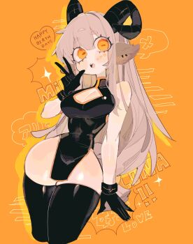 1girl animal_ears black_dress black_gloves black_thighhighs bolt_(min_lona) borrowed_character breasts china_dress chinese_clothes cleavage cleavage_cutout clothing_cutout commentary cropped_legs curvy double-parted_bangs dress english_commentary gift_art gloves goat_ears goat_girl goat_horns grey_hair hair_between_eyes hand_up happy_birthday highres horizontal_pupils horns large_breasts long_hair looking_at_viewer narrow_waist open_mouth original pelvic_curtain sleeveless sleeveless_dress solo thick_thighs thighhighs thighs usa37107692 w wide_hips yellow_background yellow_eyes