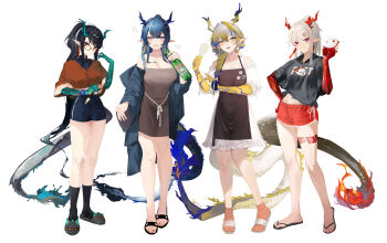 1girl :d absurdres alternate_costume apron aqua_hair aqua_skin arknights bare_shoulders bead_bracelet beads bespectacled black_hair black_jacket black_sandals black_shirt black_shorts black_slippers black_socks blonde_hair blue_hair blush bracelet breasts brown-framed_eyewear brown_apron brown_jacket chinese_commentary cleavage closed_mouth collarbone colored_extremities colored_skin commentary_request covered_navel dragon_bubble_(arknights) dragon_girl dragon_horns dragon_tail dress dusk_(arknights) earrings eyeliner flip-flops frilled_dress frilled_sleeves frills full_body fur_jacket glasses green_eyes grey_hair hair_between_eyes hair_over_shoulder hand_on_own_hip hand_up hashtag-only_commentary high-waist_shorts highres holding horns jacket jewelry kneehighs large_breasts ling_(arknights) long_hair long_sleeves looking_at_viewer makeup medium_breasts midriff_peek multicolored_eyes multicolored_hair navel nian_(arknights) off_shoulder open_clothes open_jacket open_mouth orange_eyeliner orange_socks parted_lips partial_commentary pin pointy_ears ponytail purple_eyes red_eyes red_hair red_shorts red_skin sandals shamoji shirt short_dress short_shorts shorts shu_(arknights) simple_background slippers smile socks solo standing streaked_hair sweatdrop tachi-e tail two-tone_hair very_long_hair white_background white_dress white_sandals xiaobei