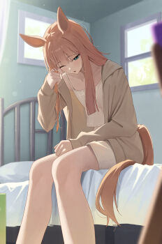 1girl animal_ears blush brown_jacket commentary_request green_eyes highres horse_ears horse_girl horse_tail jacket long_hair ningen_gokko on_bed open_mouth orange_hair rubbing_eyes shorts sidelocks silence_suzuka_(umamusume) sitting solo tail tank_top umamusume white_shorts white_tank_top