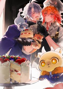 Rule 34 | 2boys, antenna hair, apron, arm tattoo, black apron, black gloves, blonde hair, blush, braid, cake, cake slice, chef hat, chest tattoo, chimera (honkai: star rail), chocopie 97, closed eyes, collared shirt, commentary, facial tattoo, food, fork, gloves, gradient hair, hat, highres, holding, holding fork, holding plate, honkai: star rail, honkai (series), male focus, medium hair, multicolored hair, multiple boys, mydei (delicacies) (honkai: star rail), mydei (fig stew) (honkai: star rail), mydei (honkai: star rail), official alternate costume, parted bangs, phainon (honkai: star rail), phainon (luckin coffee) (honkai: star rail), phainon (vigethos) (honkai: star rail), plate, red hair, red tattoo, shirt, short hair, side braid, tattoo, white hair, white shirt, yaoi, yellow eyes