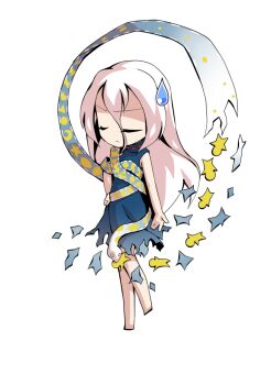 1girl barefoot blue_dress chibi chibi_only closed_eyes commentary_request crescent dairi dress full_body hair_between_eyes hand_on_own_hip large_variant_set long_hair long_hair_between_eyes ribbon_around_body simple_background sleeveless sleeveless_dress snake solo star_(symbol) tachi-e torn_clothes torn_dress touhou transparent_background triangle variant_set yuiman_asama