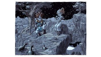 1boy 1girl absurdres baggy_pants blonde_hair blue_tunic boots brown_boots chrono_trigger crono_(chrono_trigger) grin high_ponytail highres long_hair marle_(chrono_trigger) night non-web_source official_art pants ponytail red_hair sitting smile spiked_hair sword toriyama_akira tree tunic weapon white_pants