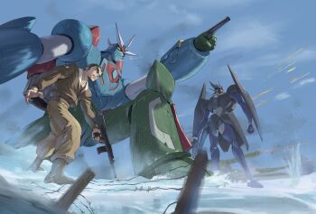 1boy black_hair brown_jumpsuit clenched_hands getter_go getter_robo getter_robo_go gun highres holding holding_gun holding_weapon ichimonji_gou jumpsuit male_focus mecha mecha_request military military_vehicle motor_vehicle on_one_knee pointing robot science_fiction scowl snow submachine_gun super_robot tank vldhomecenter walking weapon yellow_eyes