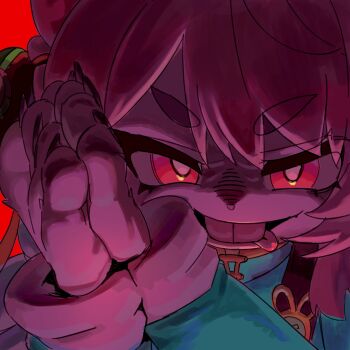 1girl bright_pupils buck_teeth claws commentary english_commentary furry furry_female green_shirt hands_up highres imaweedman01 looking_at_viewer palms_together pink_fur pink_hair portrait rabbit_girl red_background red_eyes shirt short_eyebrows solo teeth thick_eyebrows tongue tongue_out v-shaped_eyebrows white_pupils zenless_zone_zero zhao_(zenless_zone_zero)