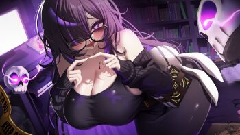 1girl absurdres arm_warmers aroused_nosebleed black_arm_warmers black_dress blood blurry blush bookshelf breasts caution_tape cleavage commentary dress drooling female_pervert glasses goddess_of_victory:_nikke heart heart-shaped_pupils highres huge_breasts indoors keep_out label_(nikke) long_hair looking_at_viewer messy_hair monitor mouth_drool nosebleed papaya_b0i pervert purple_eyes purple_hair skull solo symbol-shaped_pupils very_long_hair
