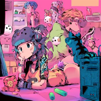 andrewcockroach arm_tattoo ass blue_hair blush_stickers cable can cat chips_(food) collar computer computer_tower cyberpunk cyborg drink_can drinking_straw food head-mounted_display head_rest headgear lying multiple_girls no_pants on_stomach original panties purple_eyes purple_hair refrigerator science_fiction short_hair soda_can solo_focus striped_clothes striped_panties tail tattoo the_pose two_side_up underwear