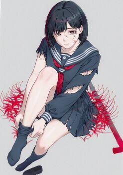 1girl absurdres black_eyes black_hair black_sailor_collar black_serafuku black_shirt black_shoes black_skirt black_socks blood blood_on_face bob_cut closed_mouth collarbone flower from_above ghhoward grey_background hair_behind_ear highres lead_pipe leg_up legs long_sleeves looking_at_viewer neckerchief putting_on_legwear red_flower red_neckerchief sailor_collar school_uniform serafuku shimizu_hinako shirt shoes short_hair silent_hill_(series) silent_hill_f simple_background sitting skirt socks solo spider_lily torn_clothes torn_neckerchief torn_shirt torn_skirt