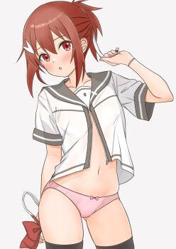 1girl :o absurdres black_thighhighs blush bow bow_panties bowtie bracelet commentary_request cowboy_shot gluteal_fold grey_background grey_sailor_collar hair_between_eyes hair_ornament hair_ribbon hairclip hand_up highres holding holding_bow_(ornament) jewelry looking_at_viewer man12sikata-04 navel no_pants panties parted_lips pink_panties ponytail red_bow red_bowtie red_eyes red_hair ribbon sailor_collar sanshuu_middle_school_uniform school_uniform shirt short_ponytail short_sleeves simple_background solo standing thighhighs underwear white_ribbon white_shirt yuuki_yuuna yuuki_yuuna_wa_yuusha_de_aru yuusha_de_aru zipper