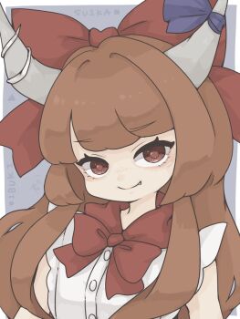 Rule 34 | 1girl, bow, bowtie, character name, closed mouth, commentary, fang, hair bow, harukairo, highres, horn bow, horn ornament, horns, ibuki suika, long hair, looking at viewer, orange hair, purple bow, red bow, red bowtie, red eyes, shirt, sleeveless, sleeveless shirt, smile, solo, untranslatable commentary, touhou, upper body, white shirt