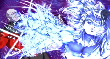 Rule 34 | 2boys, absurdres, adjusting hair, afterimage, closed eyes, dragon ball, dragon ball super, fighting, hair slicked back, hand in own hair, hand on own head, highres, hitting, jiren, male focus, meme, multiple boys, naoya hitting choso without looking (meme), parody, punching, rapid punches, scene reference, smear frame, son goku, spiked hair, super saiyan, tcdynamite12, ultra instinct