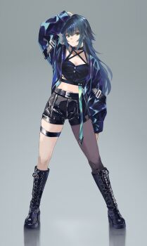 1girl absurdres arm_up black_boots black_choker black_shorts blue_eyes blue_jacket blue_shirt boots choker closed_mouth commentary_request full_body gakuen_idolmaster gradient_background green_eyes grey_background highres idolmaster jacket knee_boots konerluv lace-up_boots long_hair long_sleeves looking_at_viewer open_clothes open_jacket shirt shorts single_leg_pantyhose sleeves_past_wrists solo standing tachi-e thigh_strap tsukimura_temari