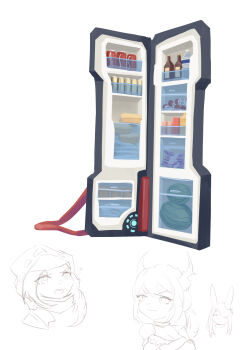 absurdres arknights bottle bottled_water can case cola cy9 doctor_(arknights) drink drink_can food frostnova_(arknights) fruit highres luggage refrigerator suitcase surtr_(arknights) tagme uid:41624170 water water_bottle watermelon