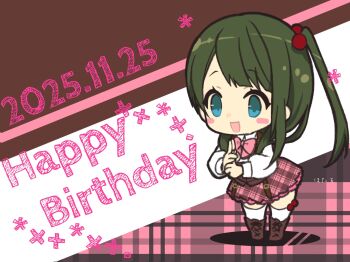 1girl :d aqua_eyes artist_name assault_lily blush boots bow bowtie brown_background brown_boots chibi collared_shirt commentary corset dated full_body green_hair hair_bobbles hair_ornament hands_up haneda_catalina_mei happy_birthday highres hotaru_(ultraroly_poly) knee_boots kuji-in lace-up_boots long_hair ludvico_private_girls&#039;_academy_school_uniform miniskirt one_side_up open_mouth own_hands_together pink_bow pink_bowtie pink_skirt plaid_background plaid_clothes plaid_skirt school_uniform shirt skirt smile solo standing thighhighs two-tone_background underbust white_background white_shirt white_thighhighs