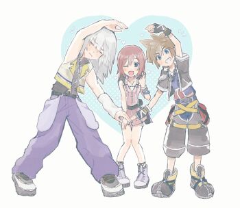 1girl 2boys ;d black_jacket black_shoes blue_eyes blush brown_hair commentary cropped_jacket dress finger_heart full_body grey_hair heart_arms heart_arms_duo highres jacket kairi_(kingdom_hearts) kingdom_hearts kingdom_hearts_ii kpp_kh looking_at_viewer medium_hair multiple_boys one_eye_closed open_clothes open_jacket open_mouth pants pink_dress purple_pants red_hair riku_(kingdom_hearts) shoes short_hair simple_background sleeveless sleeveless_dress smile sora_(kingdom_hearts) standing symbol-only_commentary