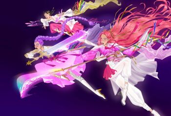 Rule 34 | 3girls, black hair, braid, braided ponytail, commentary, english commentary, floating hair, full body, hanbok, high heels, highres, holding, holding polearm, holding sword, holding weapon, joune5064, korean clothes, kpop demon hunters, long hair, looking ahead, mira (kpop demon hunters), multiple girls, open mouth, pants, pink hair, polearm, profile, purple hair, rumi (kpop demon hunters), shoes, sidelocks, skirt, sword, very long hair, weapon, white pants, white shoes, zoey (kpop demon hunters)