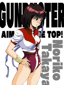 Rule 34 | 1girl, blue headband, brown eyes, brown hair, character name, copyright name, hands on own hips, headband, highres, leotard, looking ahead, m o (prftz), purple leotard, short sleeves, simple background, smile, solo, standing, takaya noriko, top wo nerae!, top wo nerae! (series), white background, wristband