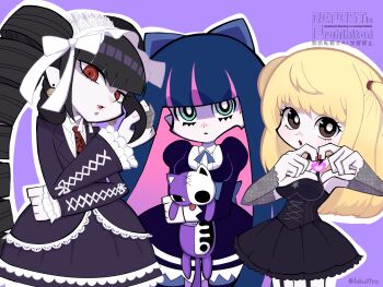 3girls :o amane_misa black_dress black_hair black_jacket blonde_hair blunt_bangs bow breasts celestia_ludenberg colored_inner_hair commentary_request danganronpa:_trigger_happy_havoc danganronpa_(series) death_note detached_sleeves dokupiyoart dress drill_hair earrings frilled_jacket frills goth_fashion gothic_lolita green_eyes hair_bow heart heart_hands highres holding holding_stuffed_toy jacket jewelry large_breasts layered_skirt lolita_fashion long_hair long_sleeves looking_at_viewer multicolored_hair multiple_girls necktie open_mouth outline panty_&amp;_stocking_with_garterbelt pink_background pink_hair red_eyes red_necktie simple_background skirt stocking_(psg) stuffed_animal stuffed_toy twin_drills twintails white_outline
