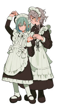 18trip 2boys alternate_costume apron azekawa_kinari back_bow black_boots black_dress black_eyes black_nails blue_hair blue_nails bob_cut boots bow collared_dress commentary_request crossdressing crossdressing_(mtf) domeki_kuguri dress enmaided frilled_apron frilled_dress frilled_sleeves frills full_body grey_hair hair_between_eyes high_collar highres holding_hands juliet_sleeves long_sleeves looking_at_another maid maid_apron maid_headdress male_focus mary_janes messy_hair multiple_boys pantyhose puffy_sleeves red_eyes ribbon shoes simple_background surround_sara_udon white_apron white_background white_pantyhose