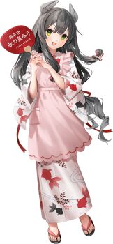 1girl apron black_hair full_body green_eyes hair_between_eyes hair_ribbon headgear hoshiakari_(c2_kikan) i-47_(kancolle) i-47_(saury_festival_2025)_(kancolle) japanese_clothes kantai_collection kimono long_hair looking_at_viewer low-tied_long_hair official_art open_mouth pink_apron print_kimono ribbon sandals smile solo transparent_background