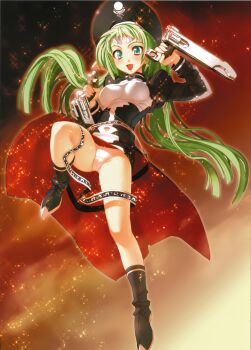00s 1girl :d absurdres blue_eyes blush boots breasts covered_erect_nipples demonbane dress dual_wielding elsa facial_mark female_focus floating_hair forehead_mark green_eyes green_hair gun handgun hat highres holding jumping leg_lift legs long_hair looking_at_viewer matching_hair/eyes nishii_(damnedrive) nitroplus official_art open_mouth panties pantyshot pointy_ears revolver scan smile solo sparkle spread_legs standing tonfa turtleneck underwear upskirt very_long_hair weapon white_panties