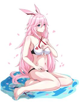 1girl animal_ears bikini black_bikini blue_eyes breasts commentary commentary_request english_commentary falling_petals fox_ears fox_girl highres honkai_(series) honkai_impact_3rd long_hair medium_breasts mismatched_bikini mixed-language_commentary mordrex_art navel official_alternate_costume petals pink_hair pink_petals solo stomach swimsuit transparent_background very_long_hair water white_bikini yae_sakura yae_sakura_(summer_dream)