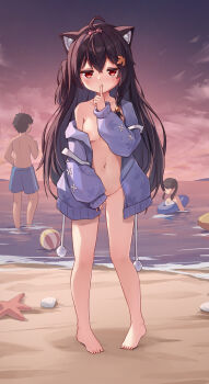 1boy 2girls absurdres ahoge animal_ear_fluff animal_ears ball barefoot beach beachball black_hair blue_jacket blue_shorts bottomless braid breasts cat_ears cat_girl cloud convenient_censoring covering_crotch covering_privates dusk faceless faceless_female faceless_male feet finger_to_mouth full_body groin highres indie_virtual_youtuber innertube jacket kizuna_sora loli long_hair looking_at_viewer multiple_girls naked_jacket noumi_fuurin ocean off_shoulder open_clothes open_jacket outdoors partially_submerged public_indecency red_eyes shorts shushing sky small_breasts smile starfish swim_ring thighs toes virtual_youtuber