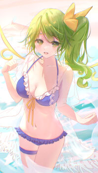 1girl absurdres alternate_costume bikini blue_bikini blush breasts collarbone commentary_request daiyousei dated_commentary fairy fairy_wings frilled_bikini frills green_eyes green_hair halterneck highres jacket long_hair looking_at_viewer medium_breasts navel ribbon ribbon-trimmed_bikini ribbon_trim see-through_clothes see-through_jacket side_ponytail smile solo stomach swimsuit thigh_strap touhou wading wings yellow_ribbon zhufenghg