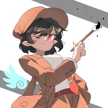 Rule 34 | 1girl, bag, black hair, brown bag, brown hat, brown jacket, brown shorts, commentary, hat, holding, holding brush, jacket, looking at viewer, necktie, one eye closed, pointy ears, red necktie, ryouryou, shameimaru aya, shameimaru aya (newsboy), shirt, short hair, shorts, shoulder bag, solo, touhou, untranslatable commentary, white shirt