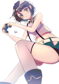 1girl absurdres artist_name belt black_boots black_bow black_bowtie blue_eyes blue_shorts bob_cut boots bow bowtie braid breasts brown_hair closed_mouth clothing_cutout controller emutakanoe feet_out_of_frame from_below game_controller grey_shirt grey_thighhighs high_heel_boots high_heels highres hip_vent holding holding_controller holding_game_controller hololive invisible_chair looking_at_viewer looking_down medium_breasts midriff navel official_alternate_costume oozora_subaru oozora_subaru_(suspenders) pinstripe_pattern pinstripe_shirt shirt short_hair shorts side_braid signature simple_background sitting sleeveless sleeveless_shirt smile solo star_(symbol) suspender_shorts suspenders swept_bangs thighhighs thighs virtual_youtuber white_background white_belt