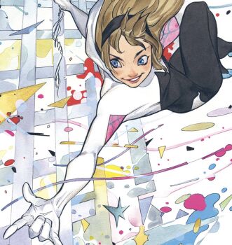 1girl black_bodysuit blonde_hair bodysuit commentary gwen_stacy highres hood hooded_bodysuit marvel multicolored_bodysuit peach_momoko short_hair solo spider-gwen spider-man_(series) spider_web_print symbol-only_commentary two-tone_bodysuit white_bodysuit