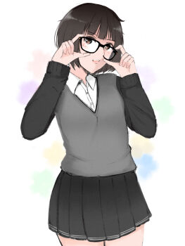 1girl adjusting_eyewear amagami bespectacled black-framed_eyewear black_hair black_skirt black_sweater bob_cut brown_eyes commentary_request cowboy_shot glasses grey_sweater hands_up highres kogawa_iori long_sleeves looking_at_viewer open_mouth pleated_skirt shirt short_hair skirt solo sweater tachibana_miya two-tone_sweater white_background white_shirt