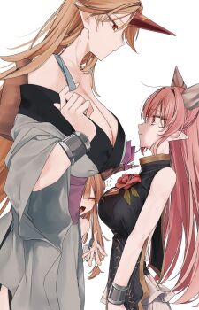 3girls =_= absurdres black_bra black_tabard blonde_hair blunt_bangs bra breasts check_clothing cleavage closed_eyes closed_mouth clothing_request commentary_request cuffs dededon_(2suy_aas) fang flower from_side grey_jacket half-closed_eyes height_difference highres horns hoshiguma_yuugi ibaraki_douji_(touhou) ibaraki_kasen ibuki_suika jacket jacket_partially_removed large_breasts leggings long_hair long_sleeves looking_down multiple_girls oni open_mouth outstretched_hand parted_lips pink_hair pointy_ears red_eyes red_horns rose shackles shirt simple_background single_horn skin_fang skirt sleeveless sleeveless_shirt smile tabard touhou translation_request underwear upper_body white_background white_leggings white_shirt white_skirt wide_sleeves