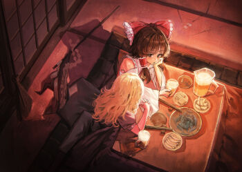 2girls black_hat blonde_hair bow broom brown_eyes brown_hair chopstick_rest chopsticks detached_sleeves dumpling food frilled_bow frilled_hair_tubes frills glass gohei hair_bow hair_tubes hakurei_reimu hand_on_own_cheek hand_on_own_face hat head_rest highres indoors jiaozi kirisame_marisa kotatsu long_hair long_sleeves looking_at_another multiple_girls nepperoni plate puffy_short_sleeves puffy_sleeves red_bow shadow shirt short_sleeves sitting sleeveless sleeveless_shirt table touhou under_kotatsu under_table unworn_headwear white_shirt white_sleeves witch_hat