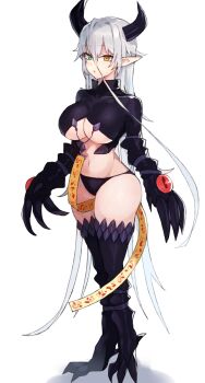 1girl bad_id bad_pixiv_id black_horns black_panties breasts cleavage commentary_request copyright_request dragon_girl female_focus highres horns large_breasts long_hair navel panties pointy_ears sharp_claws simple_background solo suminagashi tagme underwear white_background white_hair yellow_eyes