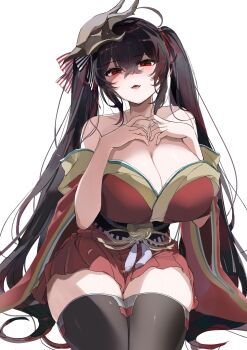 1girl absurdres azur_lane bare_shoulders black_hair black_thighhighs blush breasts cleavage highres japanese_clothes kimono large_breasts long_hair looking_at_viewer mask mask_on_head obi off_shoulder open_mouth red_eyes red_kimono red_skirt sash simple_background sitting skirt smile solo taihou_(azur_lane) thighhighs twintails urosu_(678_ner) very_long_hair white_background wide_sleeves