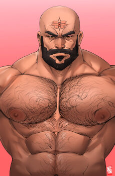 1boy abs absurdres avatar:_the_last_airbender avatar_legends bald bara beard combustion_man_(avatar) connected_beard doctor_anfelo facial_hair facial_mark forehead_mark full_beard gradient_background hairy highres large_areolae large_pectorals looking_at_viewer male_focus mature_male muscular muscular_male navel navel_hair nipples pectorals pink_background solo sparse_navel_hair stomach straight-on strongman_waist thick_beard thick_chest_hair thick_eyebrows upper_body