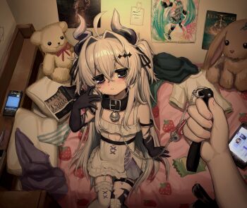 1girl 4chan ahoge apartment bags_under_eyes bandaged_leg bandages bed bell blue_eyes blush book cellphone chain choker colored_skin crying crying_with_eyes_open dress elden_ring fang flat_chest frilled_dress frills furrowed_brow hair_intakes hatsune_miku highres horns loli lolita_fashion long_hair looking_at_viewer monster_girl neck_bell original panties phone pillow purple_eyes purple_skin shirt skin_fang slepp smartphone spiral_horn stuffed_animal stuffed_toy tablet_pc tail tears teddy_bear thigh_strap thighhighs twintails underwear vaipyre_(vtuber) very_long_hair vocaloid white_hair white_shirt white_skin