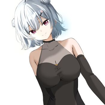 1girl armpit_crease arms_at_sides black_shirt black_sleeves breasts closed_mouth commentary detached_sleeves double-parted_bangs double_bun grey_hair hair_bun highres impossible_clothes impossible_shirt k-yous koharu_rikka large_breasts long_sleeves looking_at_viewer pink_eyes pink_pupils see-through_cleavage see-through_clothes see-through_shirt shirt short_hair simple_background sleeveless sleeveless_shirt smile solo synthesizer_v untranslatable_commentary upper_body white_background
