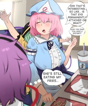 3girls absurdres black_headband blue_kimono blurry blurry_foreground booth_seating breasts cirno closed_eyes cloudykeyz crumbs cup drinking_straw eating english_text fast_food food french_fries from_behind glutton green_hair hat headband highres japanese_clothes kimono komeiji_koishi komeiji_satori large_breasts light_blush mob_cap multiple_girls open_mouth pink_hair purple_hair saigyouji_yuyuko short_hair short_sleeves sitting sitting_on_person speech_bubble sunlight table thought_bubble touhou tray triangular_headpiece twitter_username wide_sleeves window
