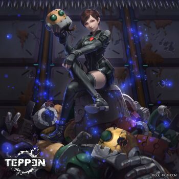 1girl alternate_costume bodysuit brown_hair capcom character_request chest_jewel company_connection crossover destruction fingerless_gloves gem gloves glowing glowing_eyes highres mega_man_(series) mind_control official_alternate_costume official_art rebecca_chambers red_eyes resident_evil resident_evil_0 shiyuu_(shiyu) short_hair teppen thick_thighs thighhighs thighs walkie-talkie