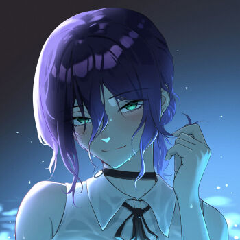 1girl black_choker black_ribbon blackuey blush chainsaw_man choker commentary_request green_eyes grenade_pin hair_between_eyes highres light_smile long_hair_between_eyes looking_at_viewer neck_ribbon portrait purple_hair reze_(chainsaw_man) ribbon shirt sleeveless sleeveless_shirt solo wet wet_clothes wet_hair wet_shirt white_shirt