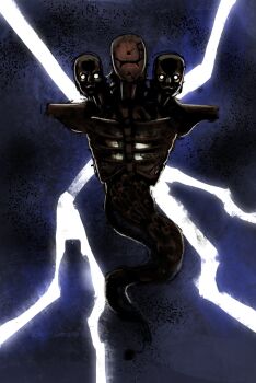 Rule 34 | blank eyes, creature, creature focus, full body, ghost tail, highres, illwilledomen, lightning, minecraft, monster, multiple heads, ribs, robot, wither (minecraft)