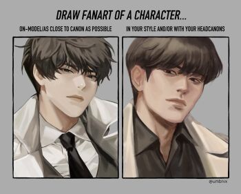 1boy aegyo_sal black_eyes black_hair black_necktie black_shirt black_vest coat collared_shirt english_text expressionless highres kim_dokja looking_at_viewer multiple_drawing_challenge multiple_views necktie official_style omniscient_reader&#039;s_viewpoint on-model_vs_in_your_style_challenge open_clothes open_coat popped_collar portrait shirt short_hair umbrvx vest white_coat white_shirt