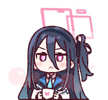 1girl :&lt; black_hair black_hairband blue_archive blue_necktie blush chibi chibi_only closed_mouth commentary cup double-parted_bangs hair_between_eyes hairband halo holding holding_cup kei_(blue_archive) long_hair long_hair_between_eyes long_sleeves looking_at_viewer lowres necktie one_side_up pink_eyes pink_halo rectangular_halo shirt simple_background solo symbol-only_commentary upper_body v-shaped_eyebrows white_background white_shirt yoru_nai