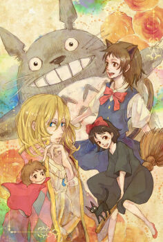 00s 1980s_(style) 1boy 3girls animal_ears black_cat black_hair blonde_hair blue_eyes bow broom brown_hair cat cat_ears child cloak company_connection crossover flower gake_no_ue_no_ponyo grin hair_ornament highres howl howl_no_ugoku_shiro howl_pendragon jewelry jiji_(majo_no_takkyuubin) kiki_(majo_no_takkyuubin) lips majo_no_takkyuubin markl mikuni28 multiple_girls neko_no_ongaeshi oldschool pendant ponyo retro_artstyle ribbon rose smile studio_ghibli tonari_no_totoro totoro yoshioka_haru