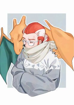 1boy absurdres blush border charizard closed_eyes crossed_arms gen_1_pokemon glasses grisham_(pokemon) hair_pulled_back highres jacket male_focus multicolored_hair nintendo obyhu orange_hair pokemon pokemon_(creature) pokemon_legends:_z-a ponytail portrait scarf scarf_over_mouth solo two-tone_hair white-framed_eyewear white_border white_hair white_jacket white_scarf