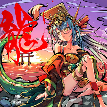 1girl bangle bare_shoulders blush bracelet breasts chinese_zodiac closed_mouth crab detached_sleeves dragon_girl dragon_tail dress evening foot_out_of_frame green_hair hat himegami_kagura jewelry leg_ribbon long_hair looking_back medium_breasts ms06s ocean official_art panties ribbon sidelocks sitting sky strapless strapless_dress sunset tail torii toukairyuou_(himegami_kagura) underwear white_panties wide_sleeves year_of_the_dragon yellow_eyes yellow_hat