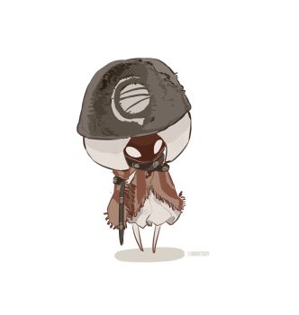 1girl arthropod_girl artist_name blank_eyes brown_capelet capelet commentary dress frilled_dress frills full_body grey_hat halftone hat highres hightguy hollow_knight hollow_knight:_silksong lace_(hollow_knight) looking_at_viewer medium_dress no_mouth shadow simple_background solo standing symbol-only_commentary white_background white_dress