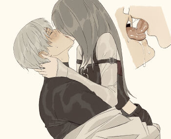 1boy 1girl black_corset black_pants black_shirt blush breasts brown_hair closed_eyes corset couple french_kiss grey_hair hair_between_eyes hair_over_eyes hetero highres kiss ladxena long_hair love_and_deepspace medium_breasts midriff pants protagonist_(love_and_deepspace) saliva saliva_swap shirt short_hair sleeves_past_wrists tongue tongue_out upper_body white_background white_shirt xavier_(love_and_deepspace)